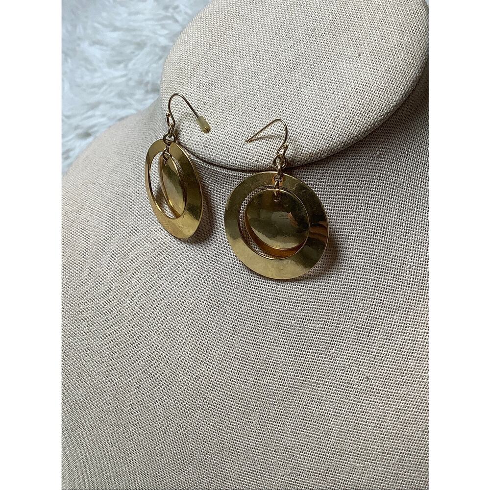 ALM SOHO Gold Tone Double Circle Layered Hoop Disc Dangle Drop Earrings A13-22 - Picture 2 of 6